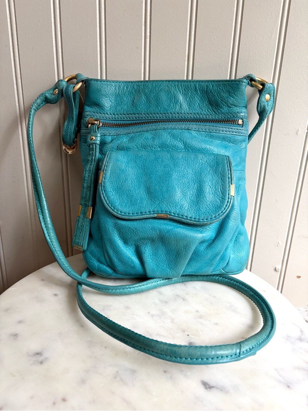 B. Makowsky Soft Leather Crossbody Bag Purse Teal/Turquoise Travel Designer Boho